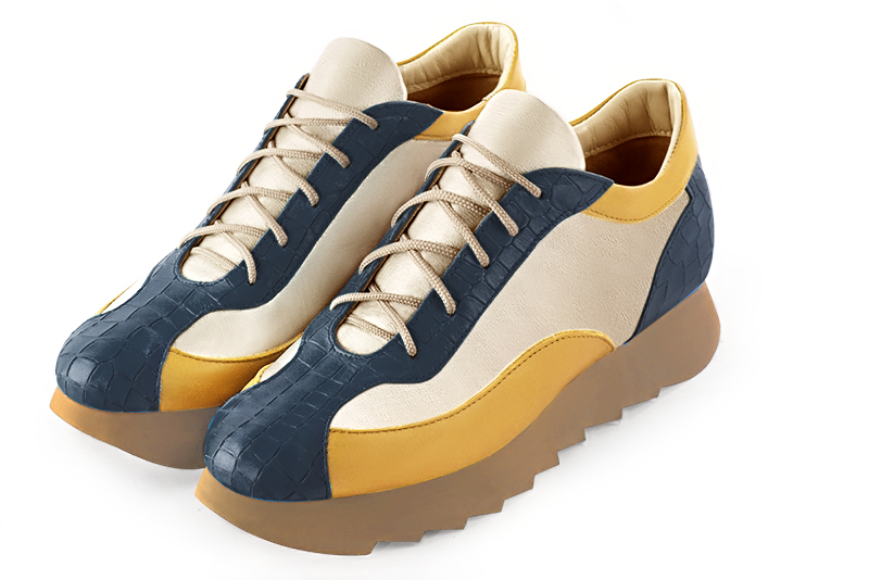 Denim blue, gold and mustard yellow women's three-tone elegant sneakers. Round toe. Low rubber soles. Front view - Florence KOOIJMAN